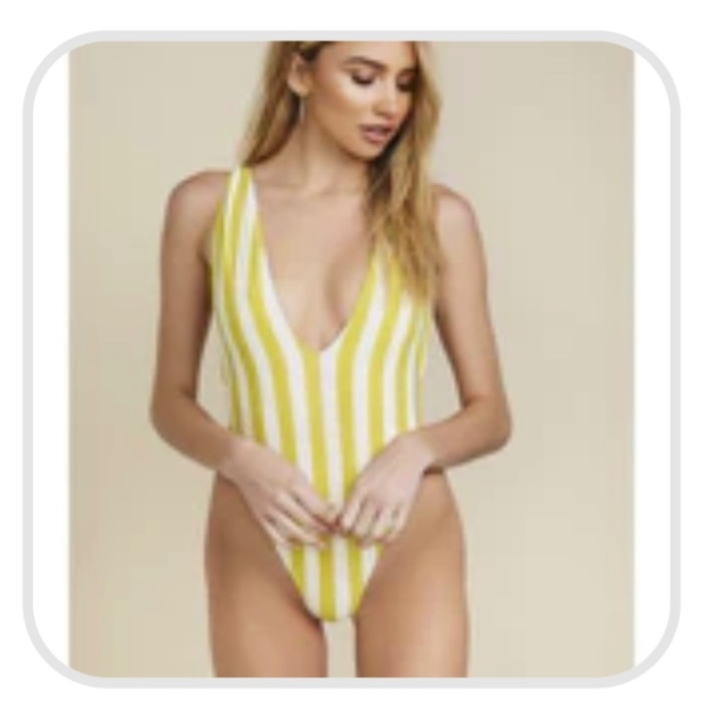 deep V, high leg one-piece swimwear (cream&yellow-green) - NWT